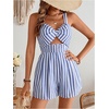 image:imageFloerns Womens Striped Print Jumpsuit Sleeveless Twist Front Cut Out Short RompersBlue and White