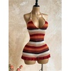 image:imageFloerns Womens Striped Ruffle Trim Short Romper Summer Tie Back Sleeveless Crochet Halter JumpsuitRed Multi