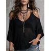image:imageFloerns Womens Striped Sweater Cold Shoulder V Neck Knit Pullover TopBlack