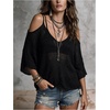 image:imageFloerns Womens Striped Sweater Cold Shoulder V Neck Knit Pullover TopBlack