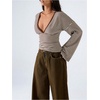 image:imageFloerns Womens Striped T Shirts Bell Sleeve Tie Back Fall Going Out TopBrown and White