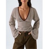 image:imageFloerns Womens Striped T Shirts Bell Sleeve Tie Back Fall Going Out TopBrown and White