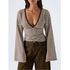image:imageFloerns Womens Striped T Shirts Bell Sleeve Tie Back Fall Going Out TopBrown and White