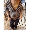 image:imageFloerns Womens Striped V Neck Cinched Waist Dolman Sleeve Going Out TopsBrown and Blue