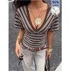 image:imageFloerns Womens Striped V Neck Cinched Waist Dolman Sleeve Going Out TopsBrown and Blue