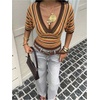 image:imageFloerns Womens Striped V Neck Cinched Waist Dolman Sleeve Going Out TopsBrown and Orange