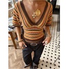 image:imageFloerns Womens Striped V Neck Cinched Waist Dolman Sleeve Going Out TopsBrown and Orange