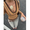 image:imageFloerns Womens Striped V Neck Cinched Waist Dolman Sleeve Going Out TopsBrown and Orange
