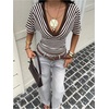 image:imageFloerns Womens Striped V Neck Cinched Waist Dolman Sleeve Going Out TopsCoffee Brown