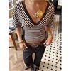 image:imageFloerns Womens Striped V Neck Cinched Waist Dolman Sleeve Going Out TopsCoffee Brown