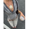 image:imageFloerns Womens Striped V Neck Cinched Waist Dolman Sleeve Going Out TopsGrey Multi