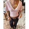 image:imageFloerns Womens Striped V Neck Cinched Waist Dolman Sleeve Going Out TopsPink