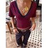 image:imageFloerns Womens Striped V Neck Cinched Waist Dolman Sleeve Going Out TopsRed and Black