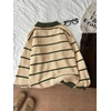 image:imageFloerns Womens Striped Vintage Preppy Oversized Collared Knit SweatersBeige and Green