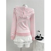 image:imageFloerns Womens Striped Zip Up Hoodie Lace Trim Y2k Lightweight JacketPink