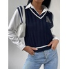 image:imageFloerns Womens V Neck Letter Striped Trim Sleeveless Sweater Vest Knit TopNavy Blue