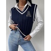 image:imageFloerns Womens V Neck Letter Striped Trim Sleeveless Sweater Vest Knit TopNavy Blue