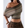 image:imageFloerns Womens Y2K Off The Shoulder Striped T Shirts Going Out TopsBrown Multi