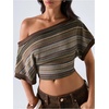 image:imageFloerns Womens Y2K Off The Shoulder Striped T Shirts Going Out TopsBrown Multi