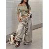 image:imageFloerns Womens Y2K Striped Off The Shoulder Tops Ruched Going Out T ShirtsYellow and Brown