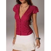 image:imageFloerns Womens Y2k Polka Dots Shirt Button Down V Neck Slim Fit Preppy TopRed and White