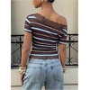 image:imageFloerns Womens Y2k Striped Lace T Shirts Off The Shoulder Short Sleeve Going Out TopsBrown and Blue