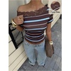 image:imageFloerns Womens Y2k Striped Lace T Shirts Off The Shoulder Short Sleeve Going Out TopsBrown and Blue