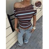image:imageFloerns Womens Y2k Striped Lace T Shirts Off The Shoulder Short Sleeve Going Out TopsBrown and Blue