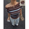 image:imageFloerns Womens Y2k Striped Lace T Shirts Off The Shoulder Short Sleeve Going Out TopsBrown and Blue