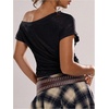 image:imageFloerns Womens Y2k Striped Off The Shoulder Blouse Tops Sheer Dolman Sleeve Vintage Going Out TopsBlack