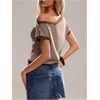 image:imageFloerns Womens Y2k Striped Off The Shoulder Blouse Tops Sheer Dolman Sleeve Vintage Going Out TopsKhaki