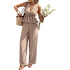 image:imageFloerns Womens 2 Piece Outfit Summer Striped V Neck Peplum Tank Top with Pants SetsCoffee Brown