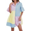 image:imageFloerns Womens Color Block Printed Short Sleeve Button Front Striped Shift DressPink and Blue