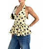 image:imageFloerns Womens Gingham Halter Tank Top V Neck Ruffle Peplum Going Out TopsYellow