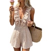 image:imageFloerns Womens Gingham Summer Rompers Ruffle V Neck Tie Front Beach Vacation Short JumpsuitsKhaki Gingham