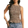 image:imageFloerns Womens Gingham Tank Top Peplum Ruffled Boat Neck Smocked TopsBrown