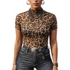 image:imageFloerns Womens Leopard Mesh Short Sleeve T Shirts Mock Neck Streetwear Y2k Going Out TopsBrown Leopard