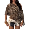 image:imageFloerns Womens Leopard Off The Shoulder Asymmetrical Sheer Mesh Poncho TopCoffee Brown