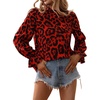 image:imageFloerns Womens Leopard Print Long Sleeve Frill Trim Mock Neck Blouse TopsRed