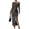 image:imageFloerns Womens Leopard Print Long Sleeve Slit Drawstring Ruched Bodycon Party DressBlack