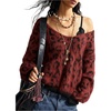 image:imageFloerns Womens Leopard Print Off The Shoulder Sweater Fall 2025 Trendy V Neck Loose Casual Long Sleeve Fuzzy SweaterBurgundy