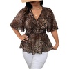 image:imageFloerns Womens Plus Size Cheetah Peplum Tops V Neck Short Sleeve Smocked Summer BlousesBrown