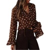 image:imageFloerns Womens Polka Dots Chiffon Blouses Ruffle V Neck Flare Sleeve Summer Going Out TopsCoffee Brown