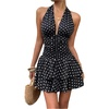 image:imageFloerns Womens Polka Dots Halter Backless V Neck Ruffle Runched Mini DressBlack and Polka Dots