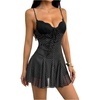 image:imageFloerns Womens Polka Dots Lace Spaghetti Strap Ruffle Mini DressesBlack