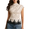 image:imageFloerns Womens Polka Dots Satin Lace Tops Elegant Cap Sleeve Mock Neck Summer Dressy Work BlousesBlack White Lace