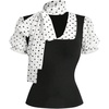 image:imageFloerns Womens Polka Dots Summer Tops Patchwork Puff Sleeve Business Work T Shirts with ScarfBlack