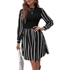 image:imageFloerns Womens Striped Bishop Sleeve A Line Dress Crewneck Elegant Short DressesBlack and White