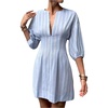 image:imageFloerns Womens Striped Notched V Neck Shirt Dress Summer Bishop Sleeve Business Casual DressesBlue