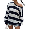 image:imageFloerns Womens Striped Off The Shoulder Sweater Casual Knit Pullover TopsBlue and White